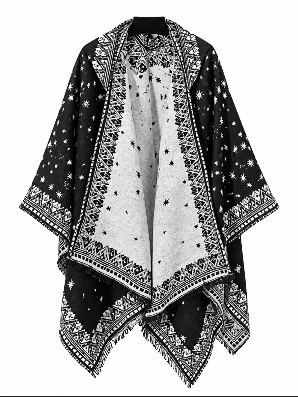 Black & White Star Pattern Shawl or Cape with Hood NEW